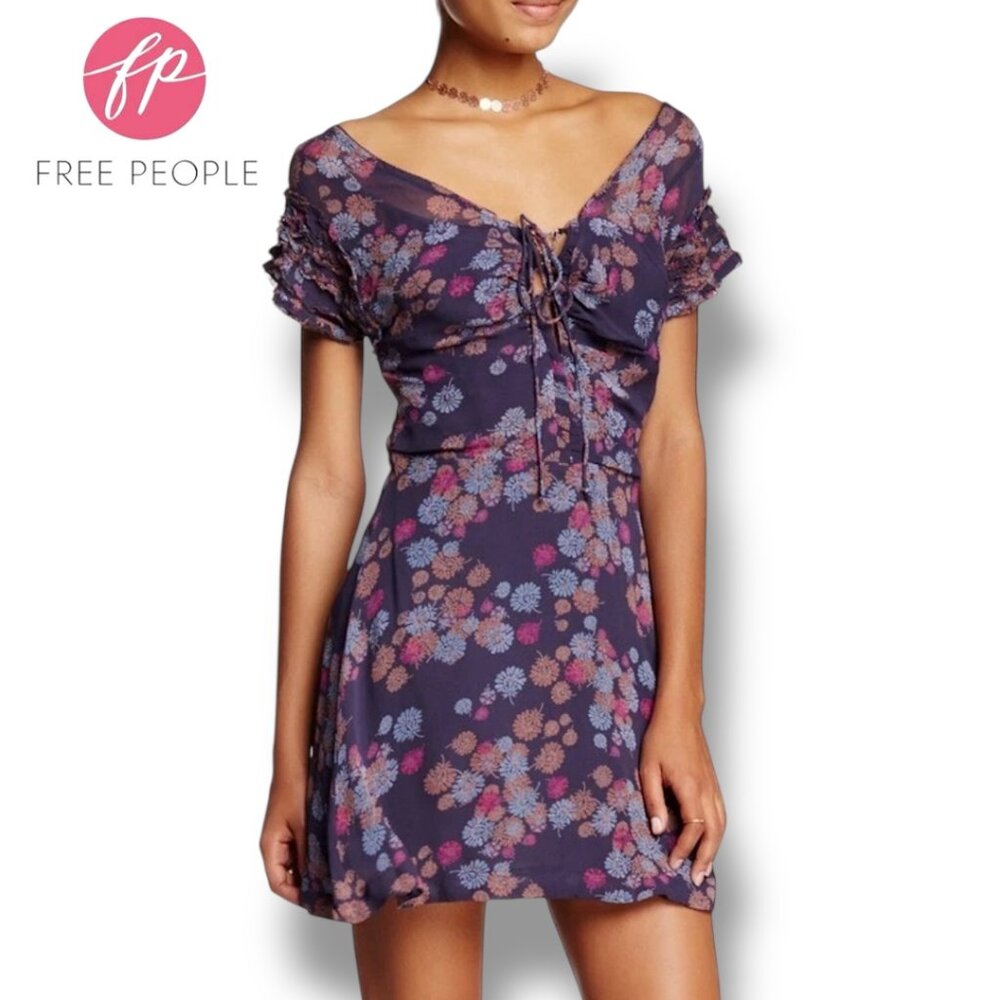 NWT Free People Mini Dress 'Yours Truly' Dark Blue Floral Boho Babydoll | Sz 6